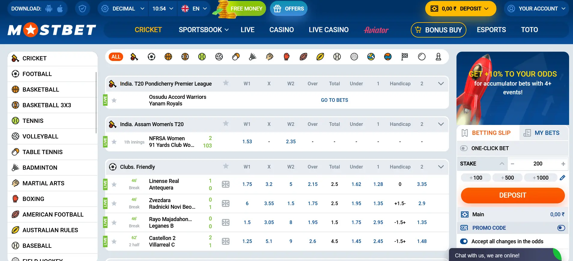 Available sports for betting at Mostbet India