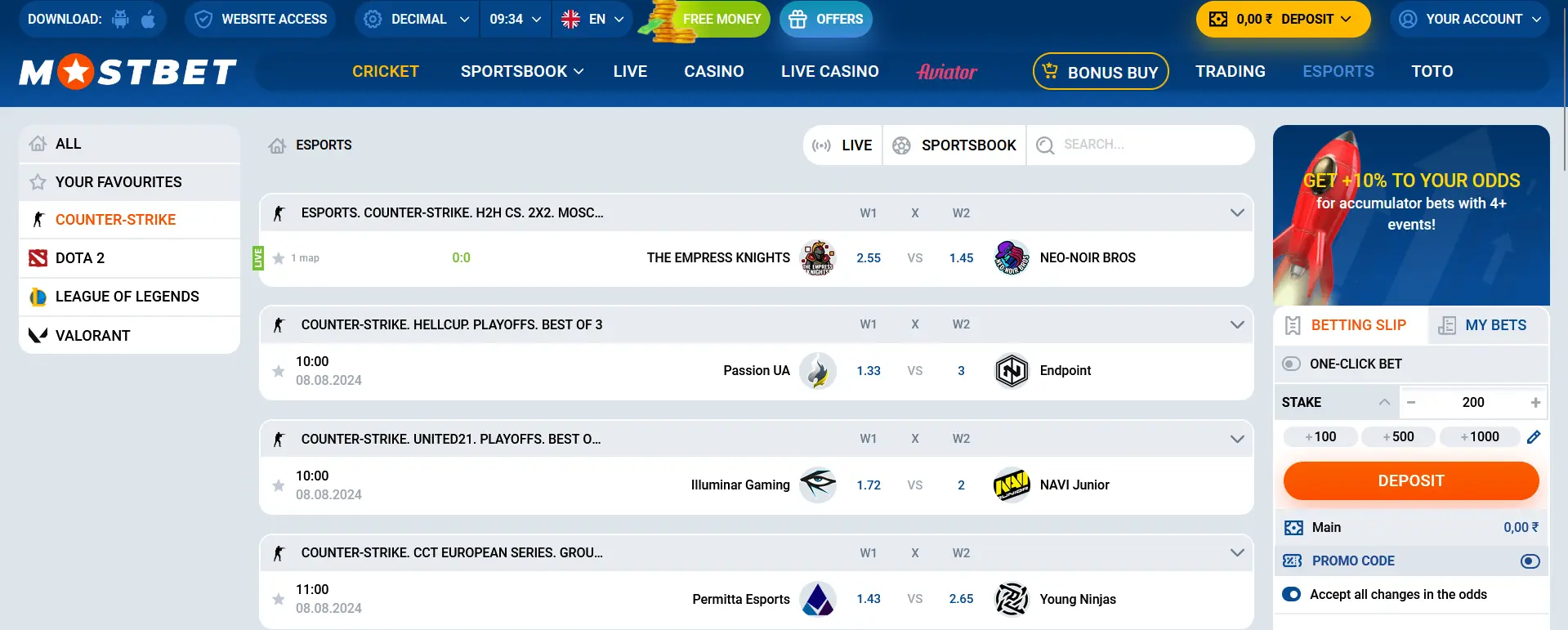 CS betting basics at Mostbet in India