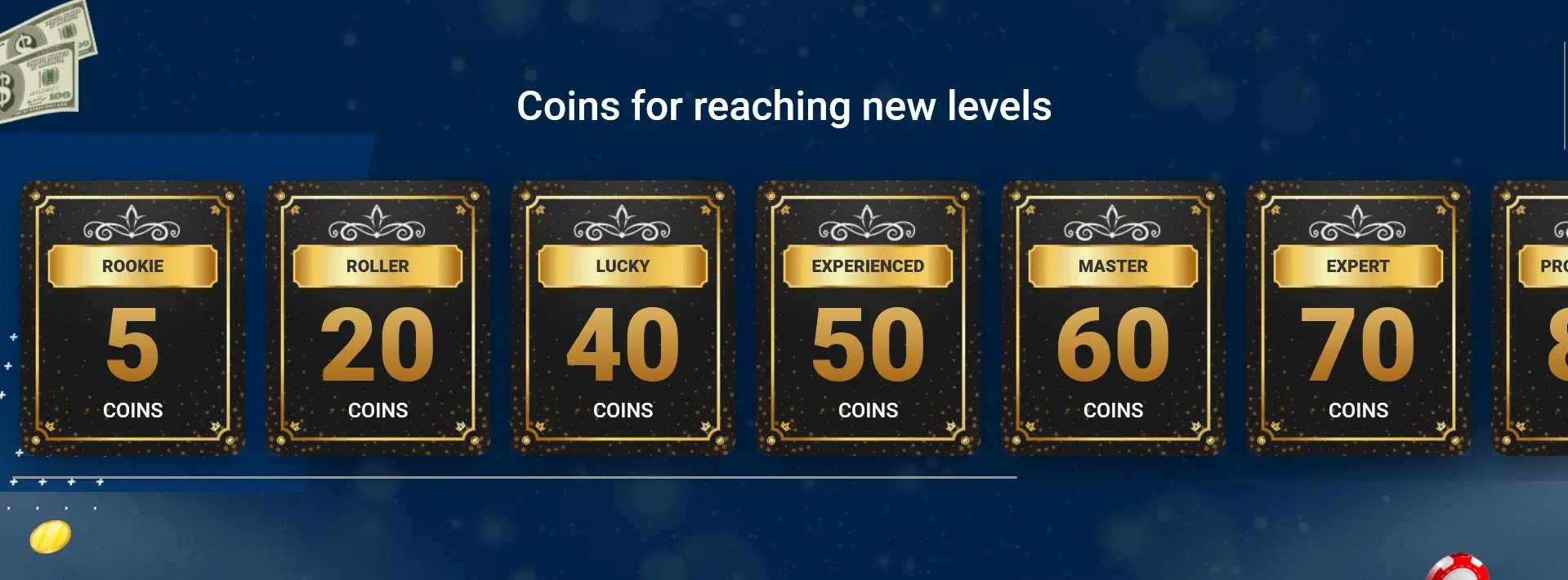 Coins for reaching levels in Mostbet