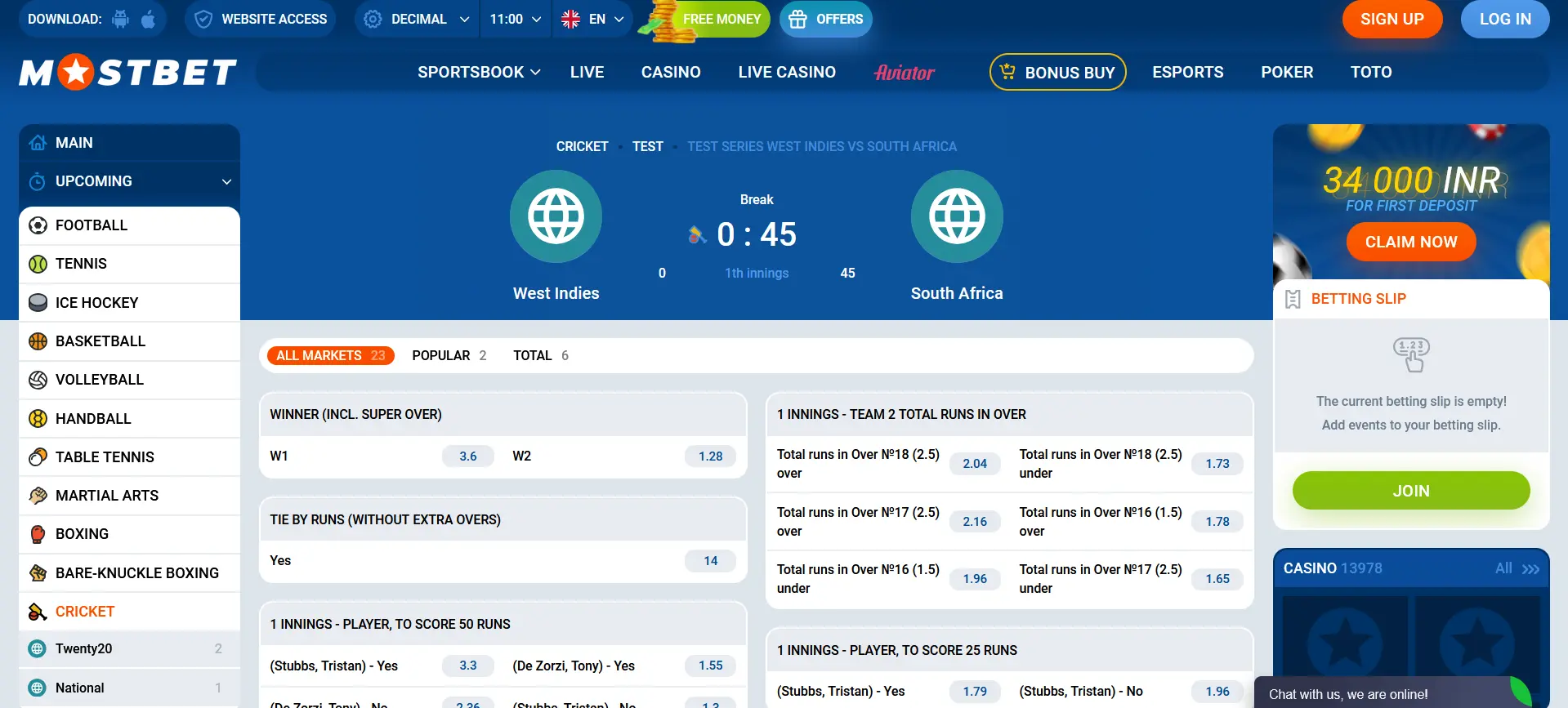 Cricket line up at Mostbet in India Cricket line up at Mostbet in India