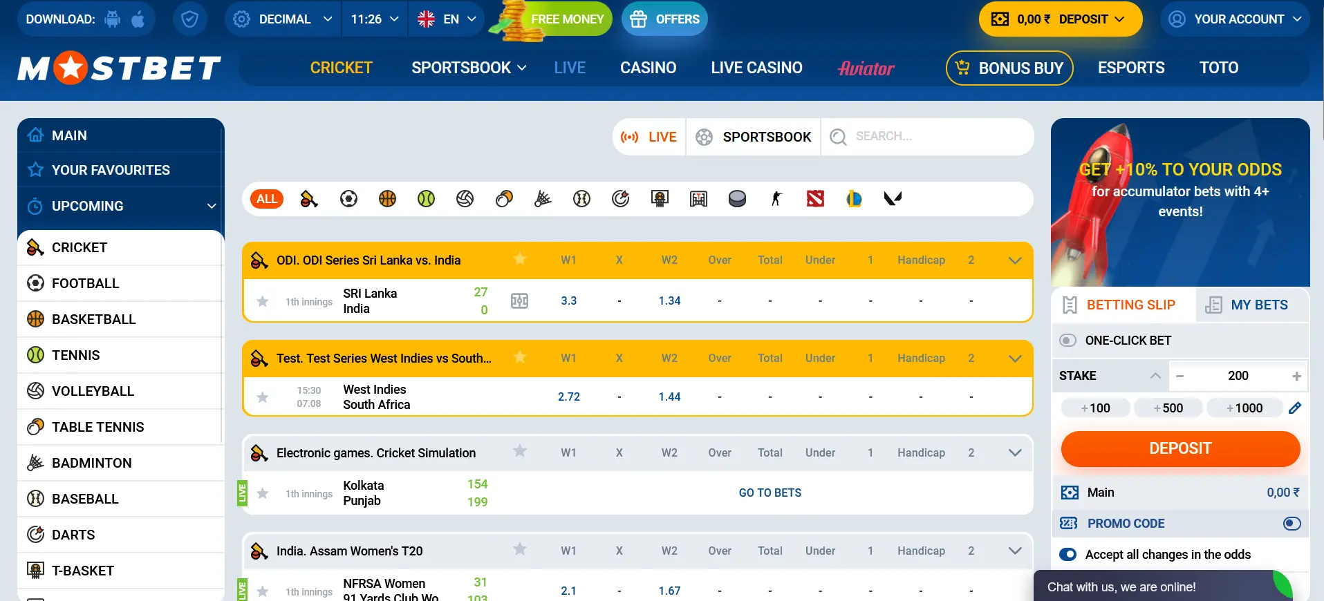 Live betting at Mostbet