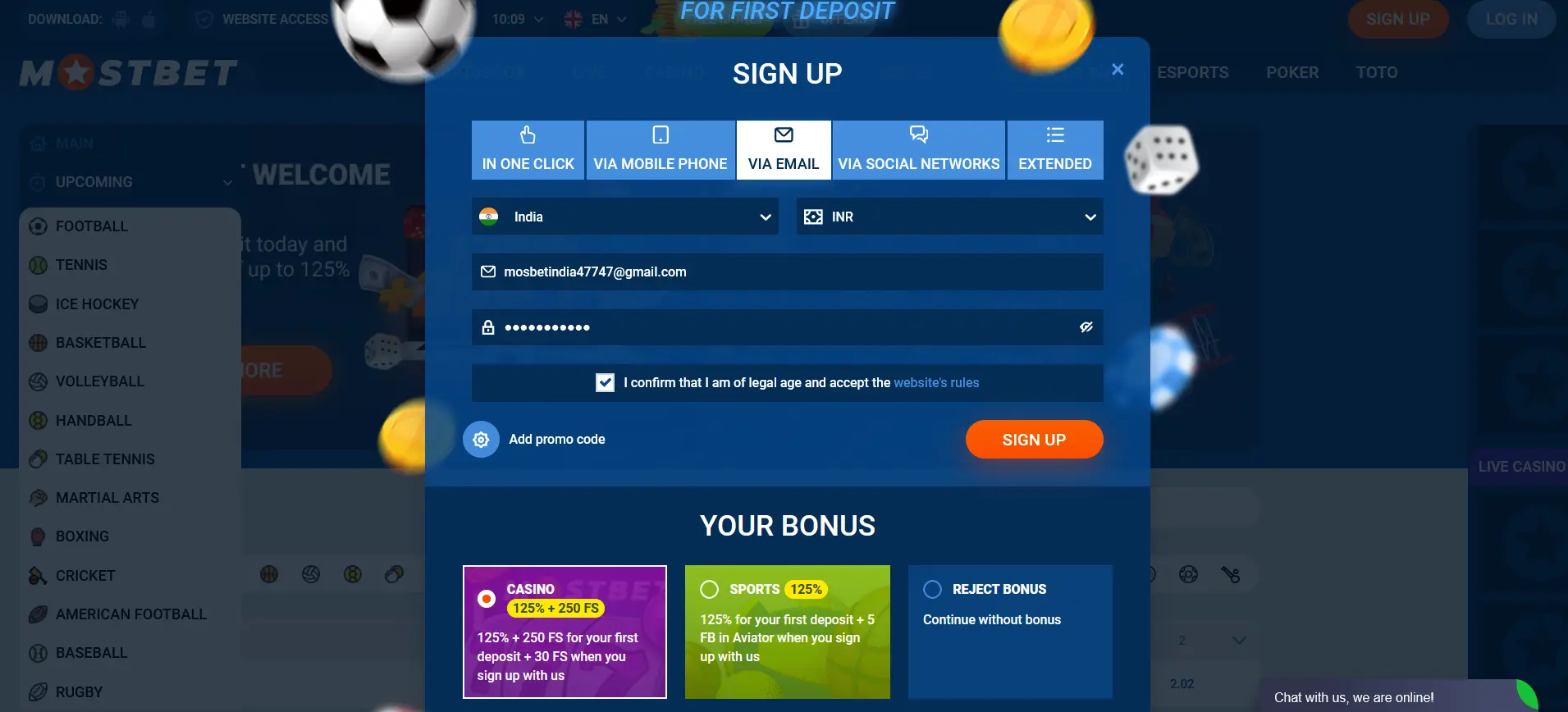Registration by e-mail in Mostbet India