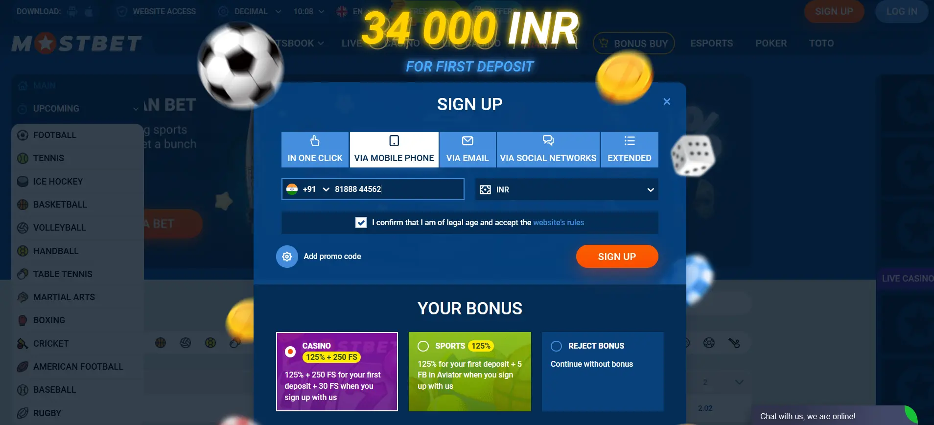 Registration by phone number at Mostbet India