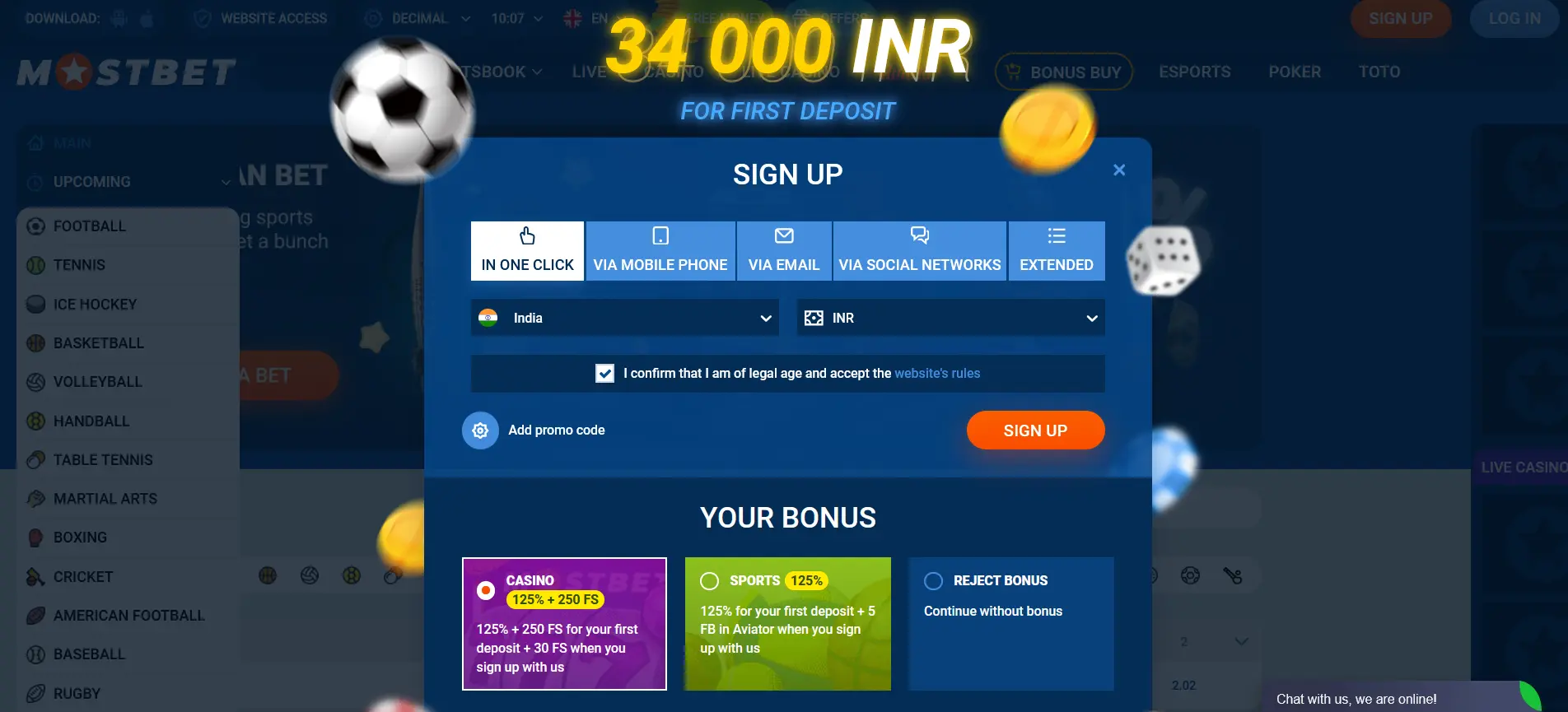 Registration in 1 click at Mostbet India