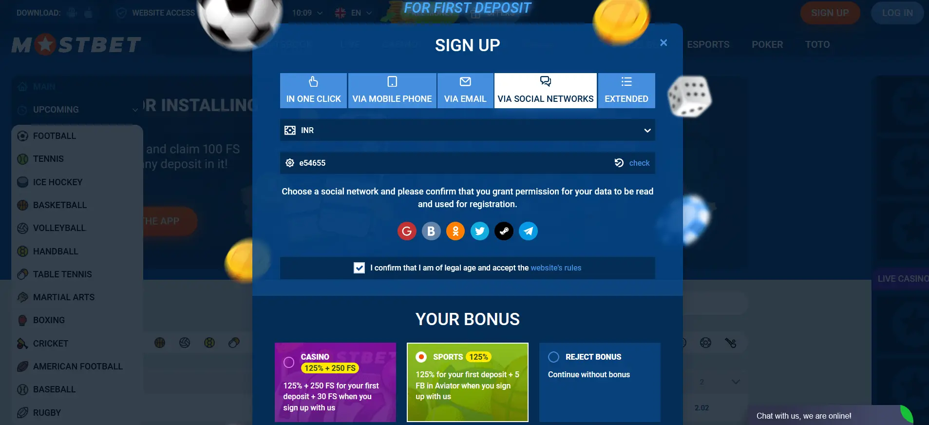 Signing up via social media at Mostbet India