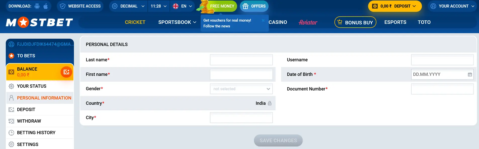 Verification of account at Mostbet India
