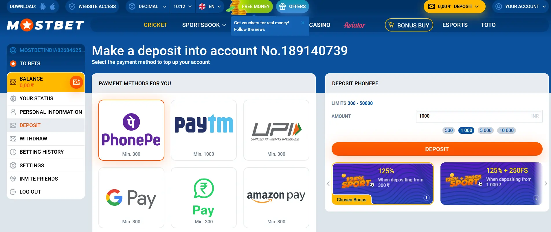 Ways to deposit to Mostbet account
